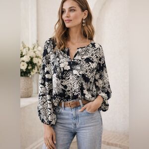 Velvet Graham Spencer Floral 100% Silk Blouse Black White Boho Romantic Top - S